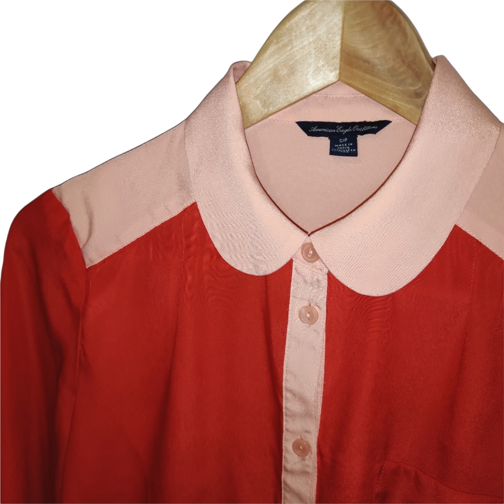 Two Tone Colorblock Collared Button Up Top - Picture 2 of 7